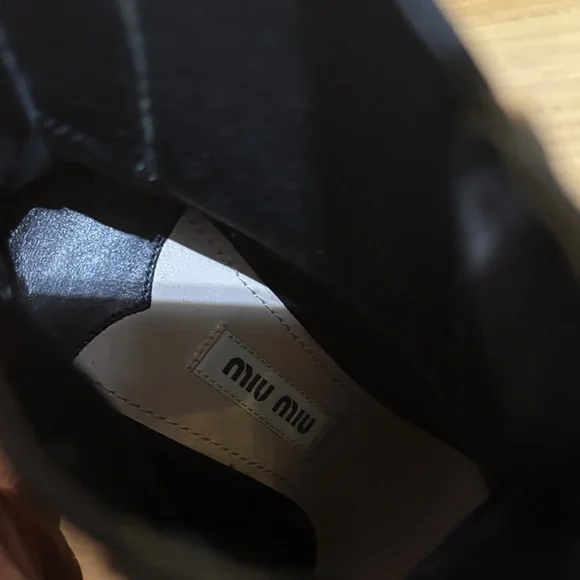 Miu Miu Black Leather Platform Ankle Boots with Glitter Block Heel - Picture 2 of 15